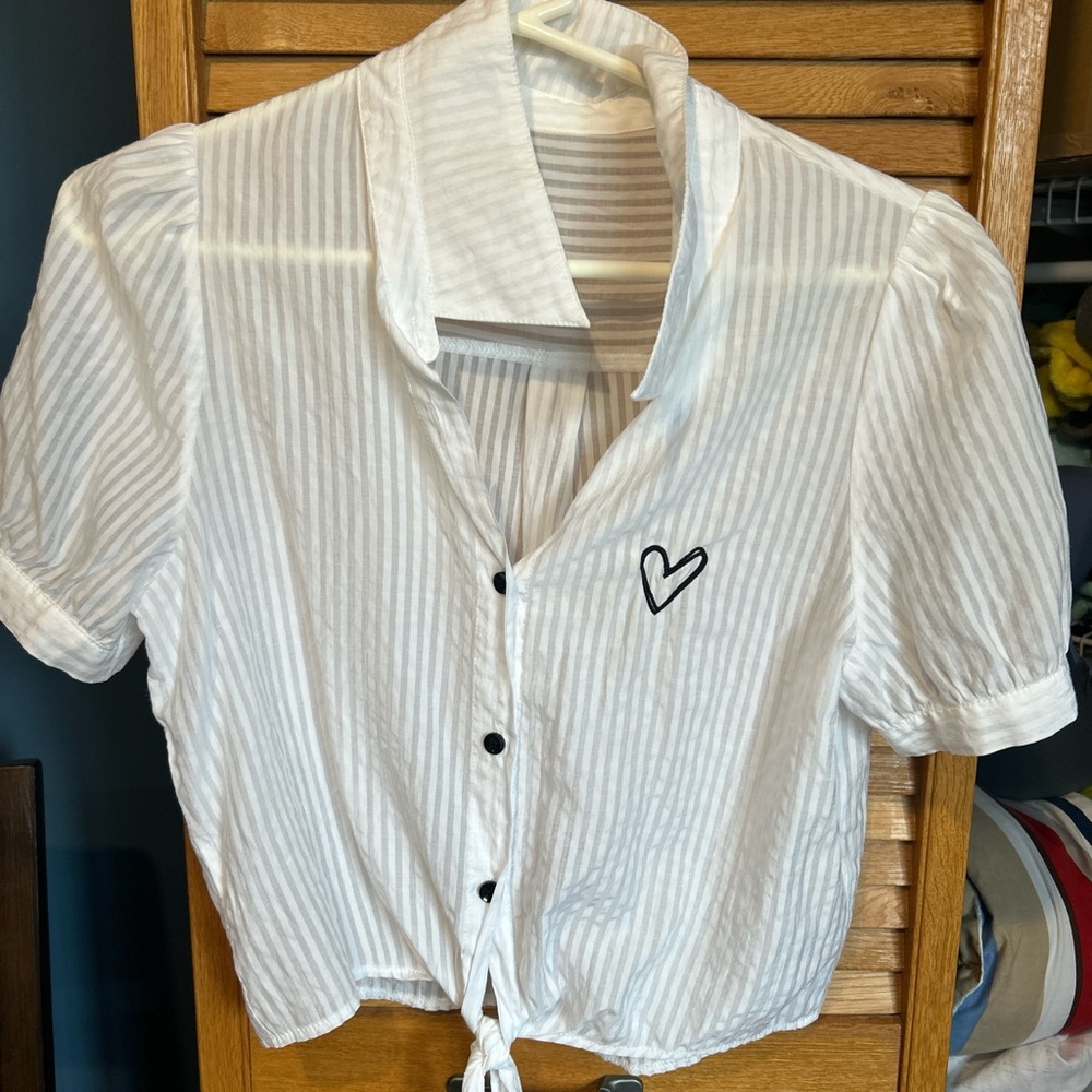 White Striped Blouse with Heart Detail